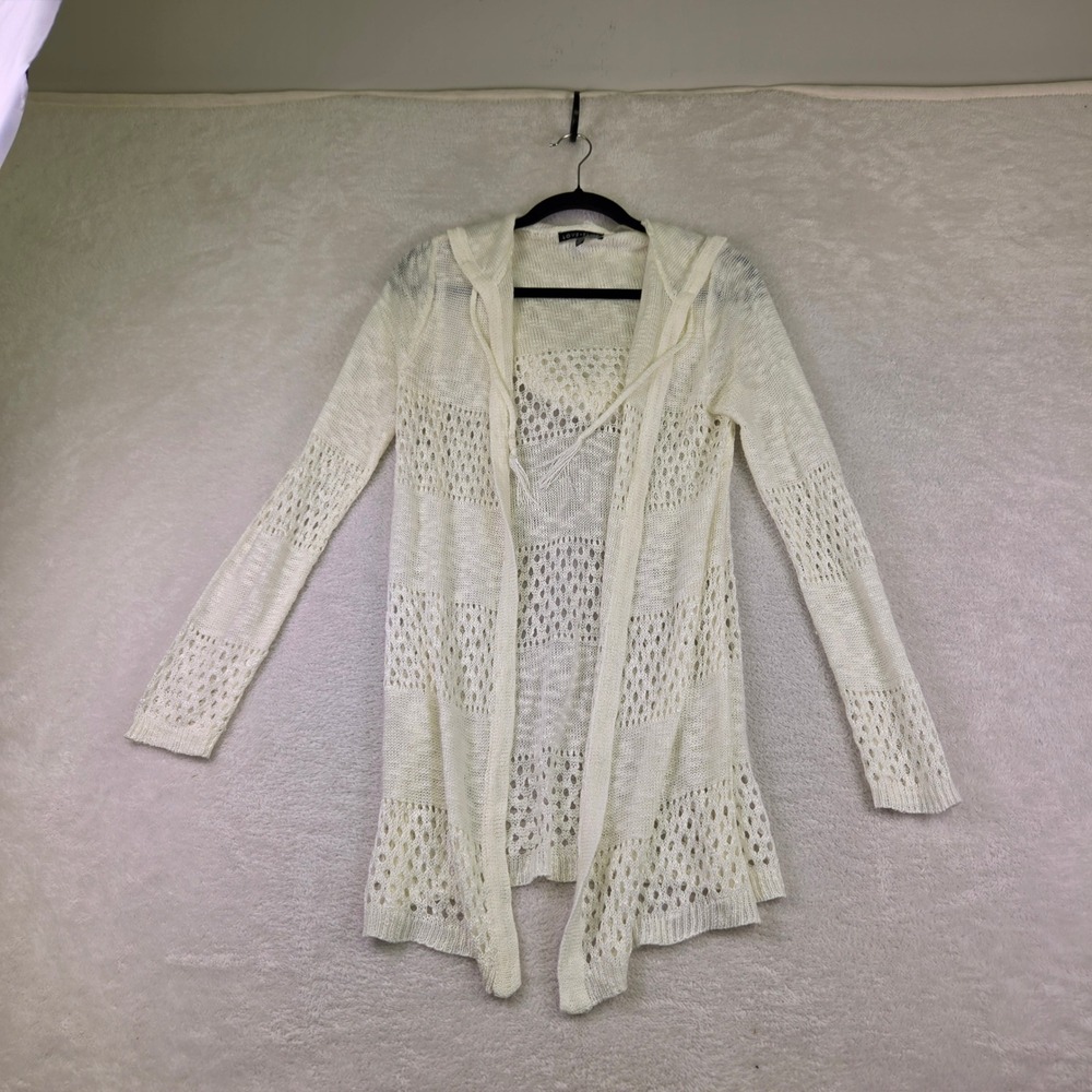 Love Ellie Cream Pointelle Open Knit Hooded Cardigan Sweater Medium White Boho